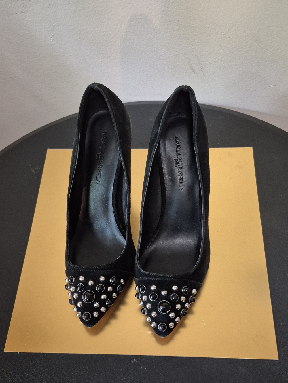 Karl Lagerfeld Black Studded Pointed Toe Pumps with Jewel Accents